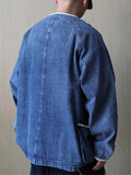 Retro Cotton Collarless Frog Button Denim Jacket for Men
