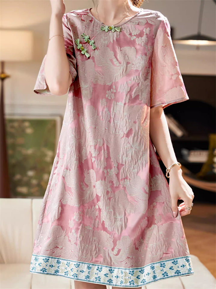 Women's Pink Jacquard O-neck Frog Buttons Short Sleeve Dress