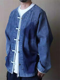 Retro Cotton Collarless Frog Button Denim Jacket for Men