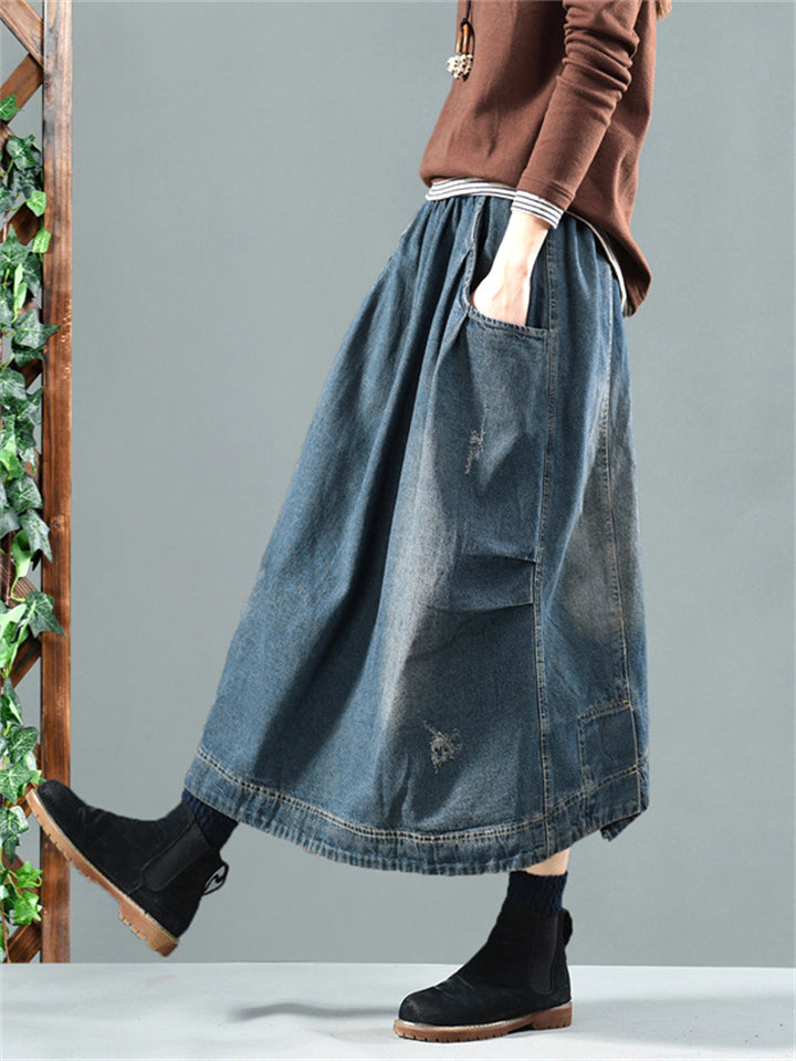 Retro Pocket Elastic Waist Blue Denim Skirt for Women – Cissot