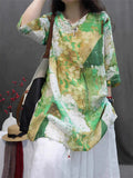 Women's Casual Summer Retro V Neck Printed Half Sleeve Shirt