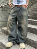 Mens Vintage Baggy Wide Leg Distressed Jeans with Pockets