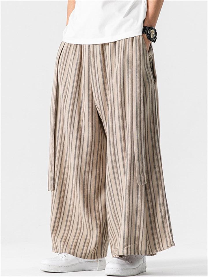 Men's Retro Cotton Linen Stripe Wide Leg Straight Pants