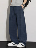 Mens Comfy Breathable Casual Plaid Loose Fit Drawstring Wide Leg Pants