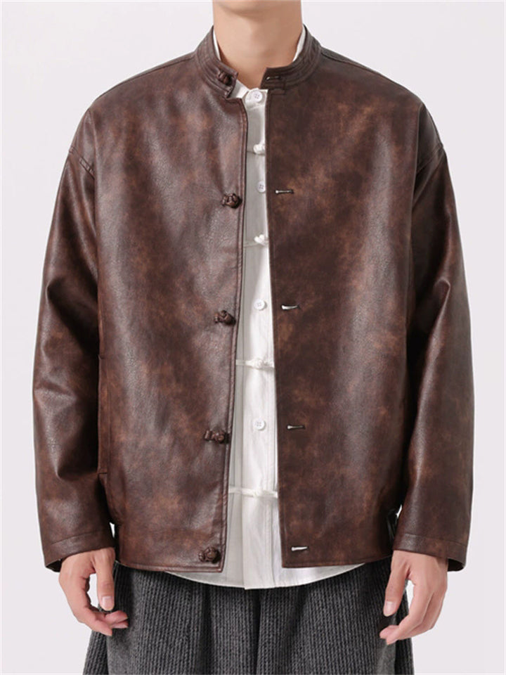 Men's Trendy Chinese Style Mandarin Collar Faux Leather Jackets