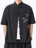 Men's Chinese Style Leaf Printed Stand Collar Short Sleeve Shirt