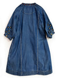 Ethnic Style Embroidery Women's V Neck Puff Sleeve Denim Dress