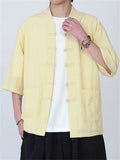 Men's Casual Simple Zen Style V Neck Frog Button Short Sleeve Shirts