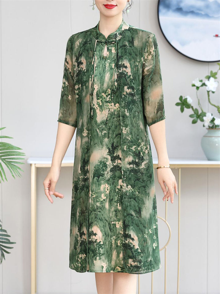 Chinese Style Green Landscape Print Cheongsam Collar Dress for Women