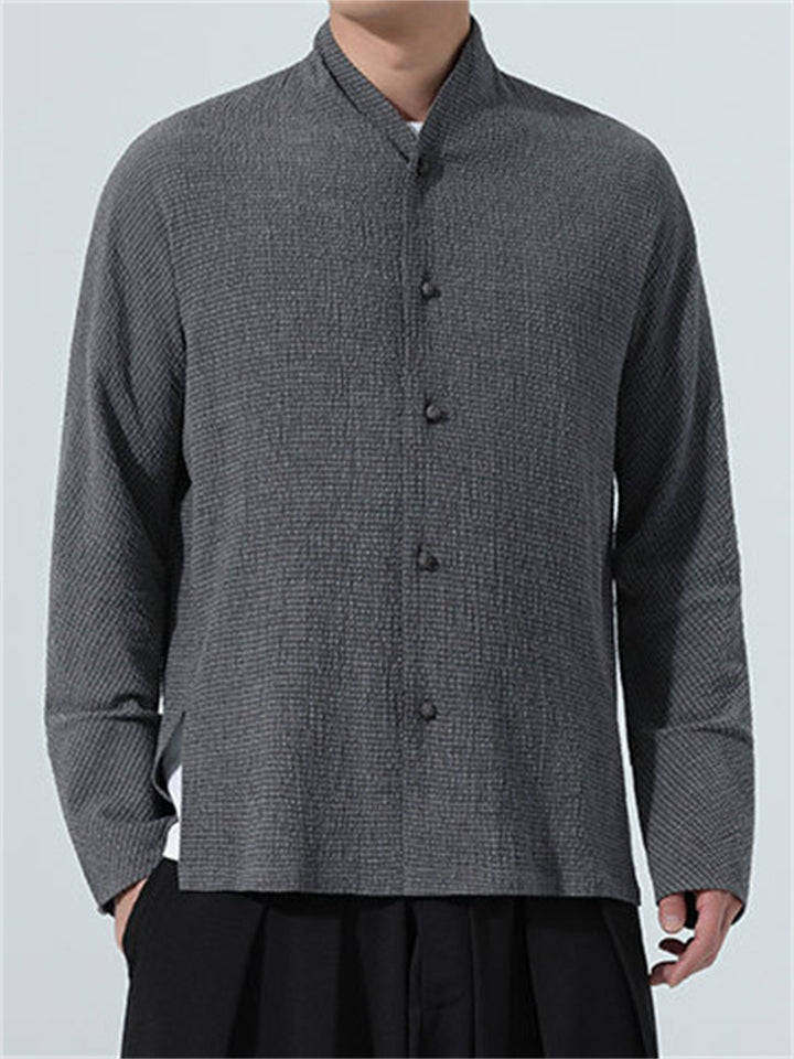 Men's Chinese Style Textured Mandarin Collar Zen Style Long Sleeve Shirts