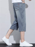 Mens Ice Silk Relaxed Fit Denim Capri Shorts Loose Summer Jeans