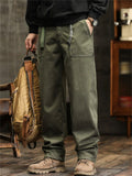 Men Vintage Cotton Drawstring Loose Fit Straight Leg Cargo Pants