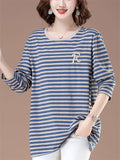 Women's Loose Cotton Stripe O-Neck Long Sleeve Shirts