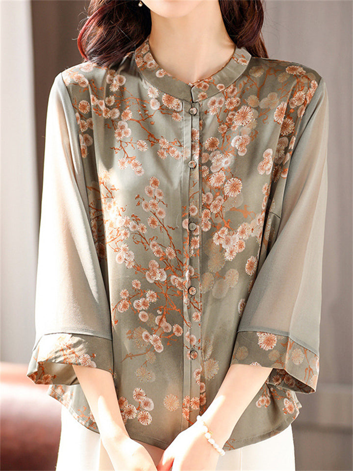 Women's Summer Mulberry Silk 3/4 Sleeve Floral Print Shirts