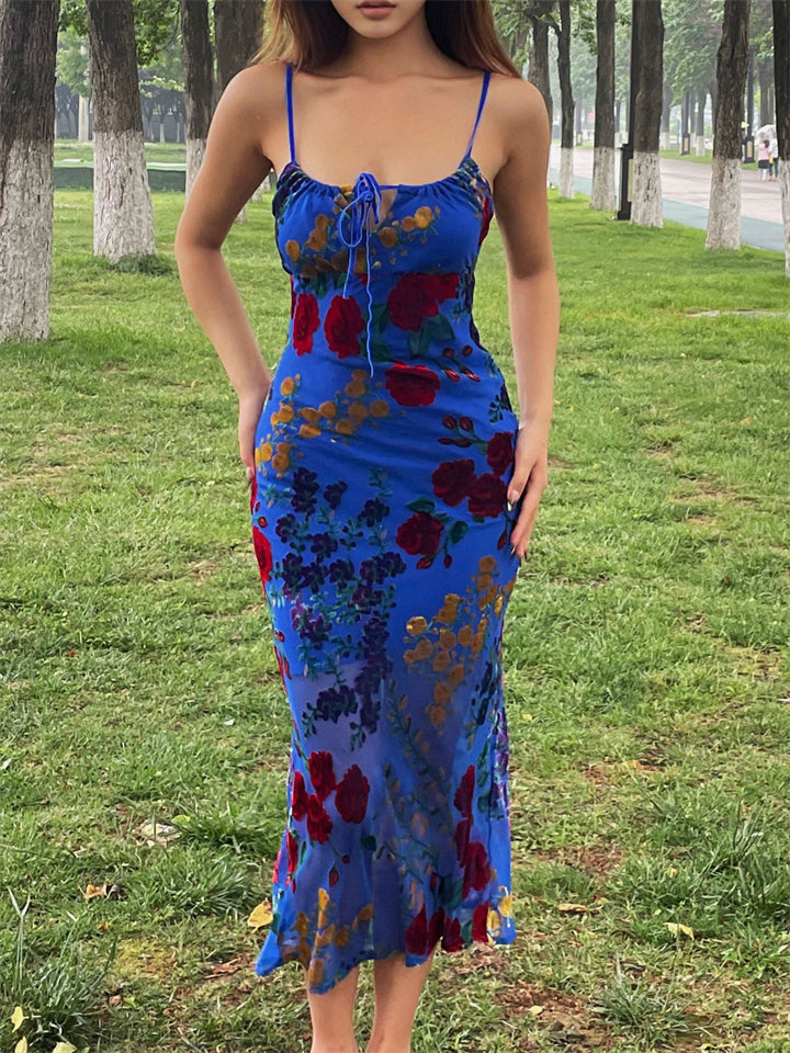 Retro Blue Women's Sleeveless Backless Slip Midi Dress