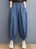 Women's Elastic Waist Wide Leg Cropped Jeans