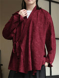 Chinese Zen Style Jacquard Slant Placket Tie Waist Hanfu Cardigan Shirts