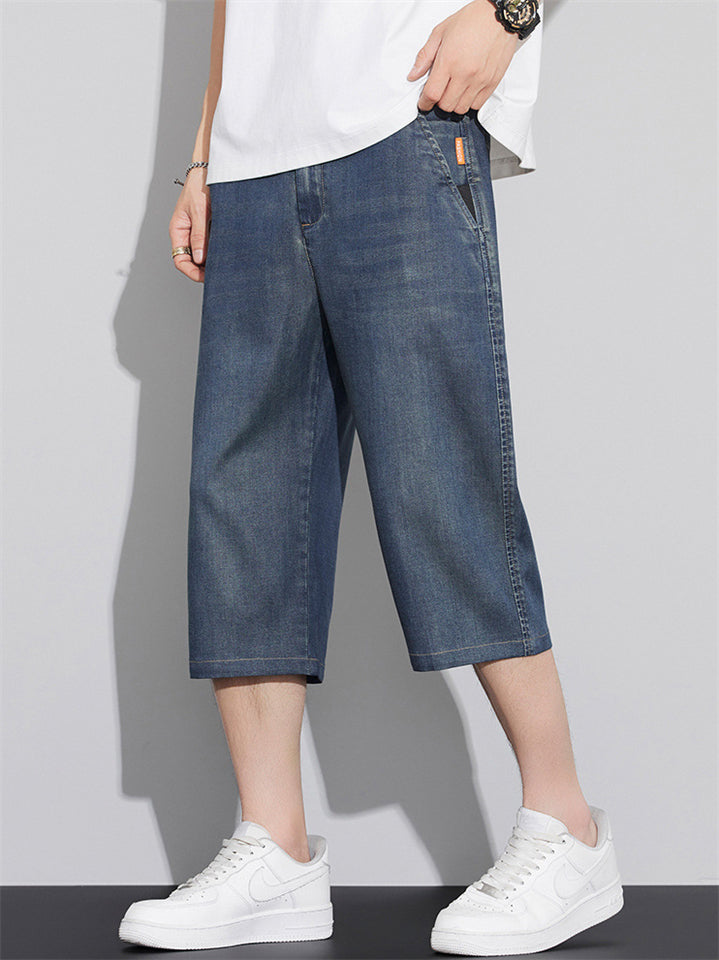 Men's Casual Elastic Waist Thin Ice Silk Cropped Short Denim Pants