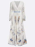 Women's Elegant White V-Neck Print Holiday Style Pleated Dress