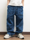 Men Japanese Style Baggy Carpenter Jeans Wide Leg Loose Fit Denim Work Pants