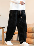 Men's Autumn Chinese Style Loong Pattern Velvet Wide Leg Pants