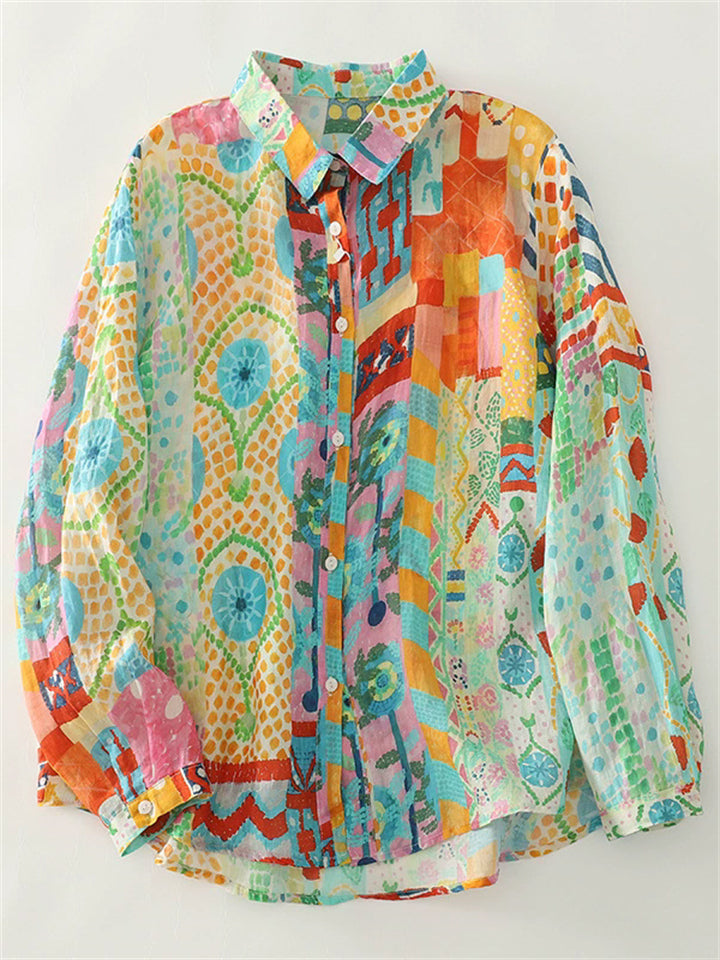 Women's Holiday Style Contrast Color Printed Long Sleeve Shirts