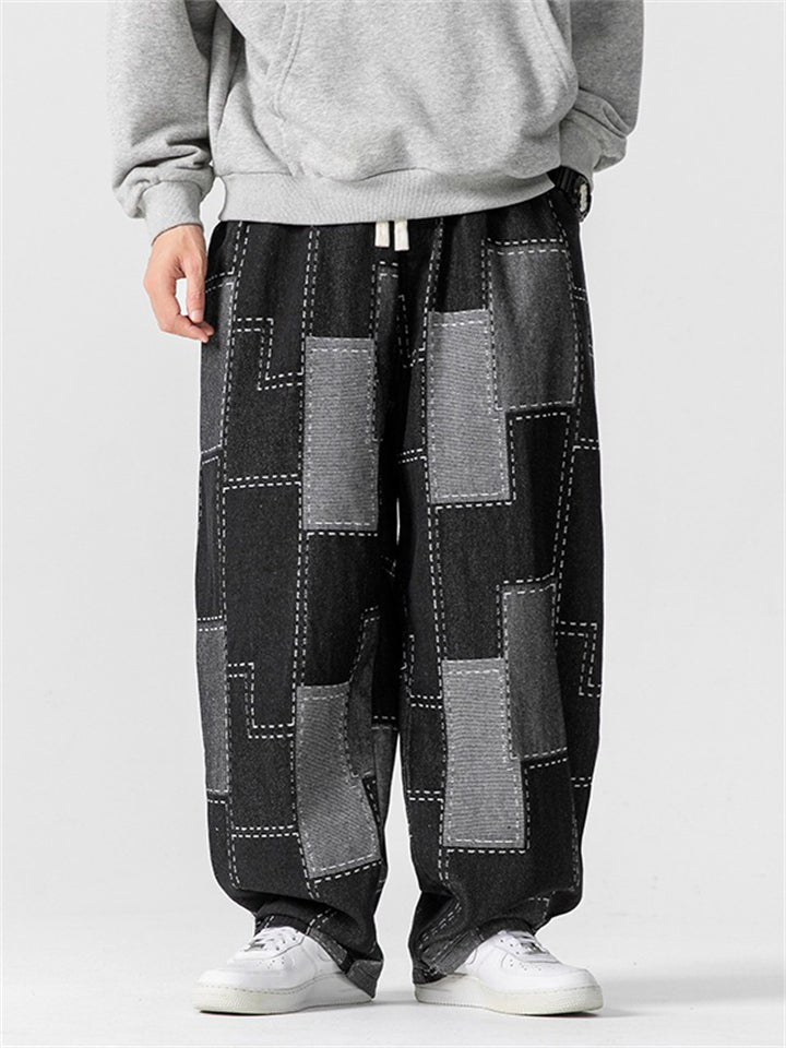 Japanese Style Retro Loose Wide Leg Patchwork Jeans for Men