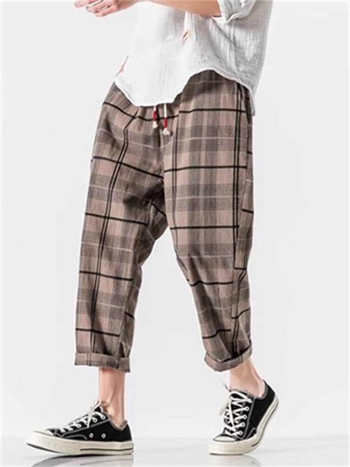 Summer Men's Plaid Casual Cropped Distressed Pants
