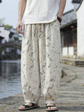 Mens Chinese Style Printed Drawstring Baggy Summer Pants