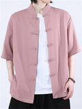 Oriental Style Casual Solid Color Short Sleeve Stand Collar Shirts for Men