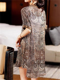 Summer V-neck Retro Printed Short-sleeve Beaded Shirt For Women