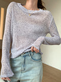Women's Loose Comfy Hollow Solid Color Round Neck Long Sleeve Shirts