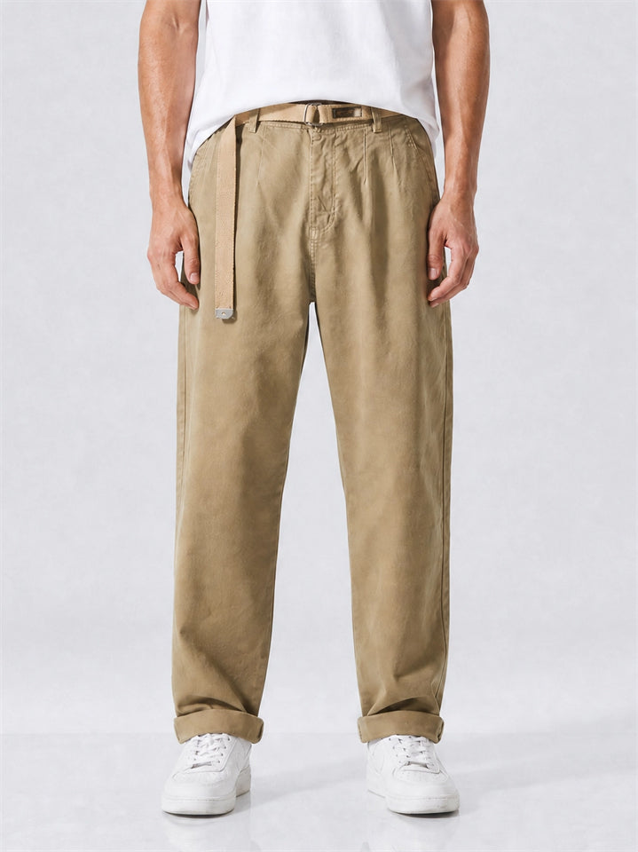 Men Autumn Japanese Style Belted Relaxed Fit Straight Leg Pants