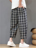 Men's Casual Drawstring Wide Leg Plaid Capri Pants