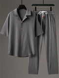 Men's 2Pcs Summer Casual Comfy Button Up Lapel Solid Color Outfits