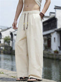 Men Japanese Streetwear Cotton Linen Drawstring Baggy Wide Leg Pants