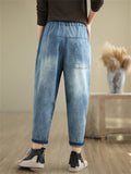 Loose Elastic Waist Flower Embroidery Cropped Jeans for Women