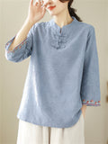 Vintage Cotton Linen 3/4 Sleeve Shirts for Ladies