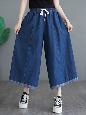 Female Simple Blue Big Size Wide Leg Denim Pants