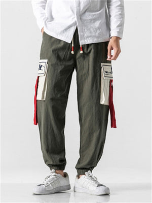 Crane Embroidery Red Cloth Multi-Pocket Pants for Men