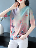 Women's Loose Butterfly Print Round Neck Short Sleeve Knit T-Shirts