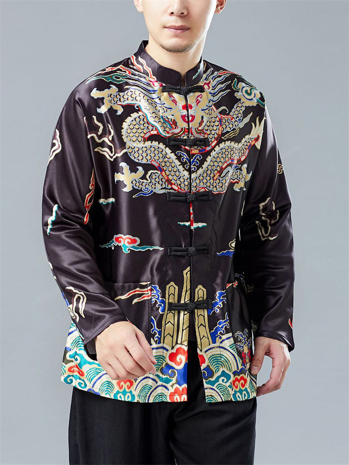 Oriental Style Loong Print Long Sleeve Cardigan Shirt for Men