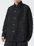 Man's Oriental Style Long Sleeves  All Black Button Printed Shirt