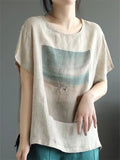 Summer Casual Cotton Linen Print  Short Sleeve T-shirt for Women