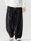 Chinese Style Loong and Phoenix Jacquard Corduroy Loose Fit Harem Pants