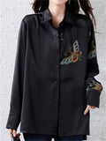 Women's Black Satin Butterfly Embroidered Polo Neck Shirts