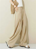 Casual Solid Color Elastic Waist Wide Leg Pants for Women