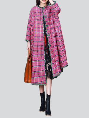 Casual Loose Fit Winter Pink Plaid Coats for Ladies