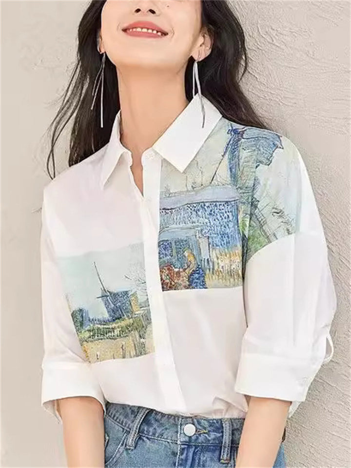 Women's Elegant Painting Print Lapel Short Sleeve Shirts