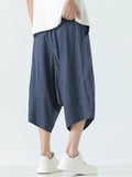 Mens Cotton Linen Striped Harem Shorts Loose Fit Capri